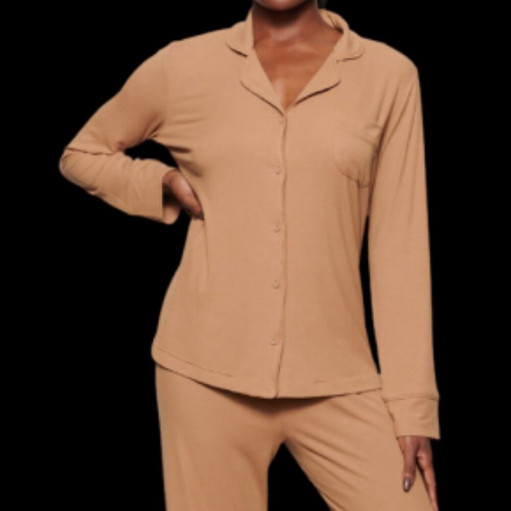 Skims Women's Tan Ribbed Sof Lounge Long Sleeve Button-Front Sleep Shirt Size S